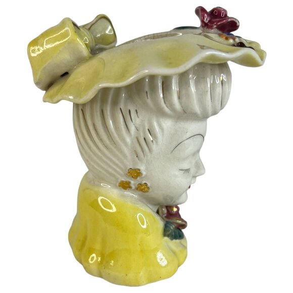 Vintage Acme Ware Lady Head Vase Yellow With Flowers Gold Accents Made Japan VTG - Picture 2 of 10